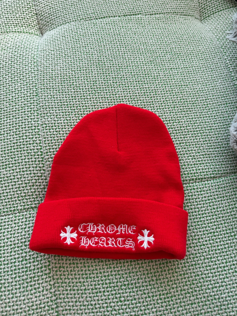 Red Chrome Hearts Beanie Hat with White Embroidered Accents